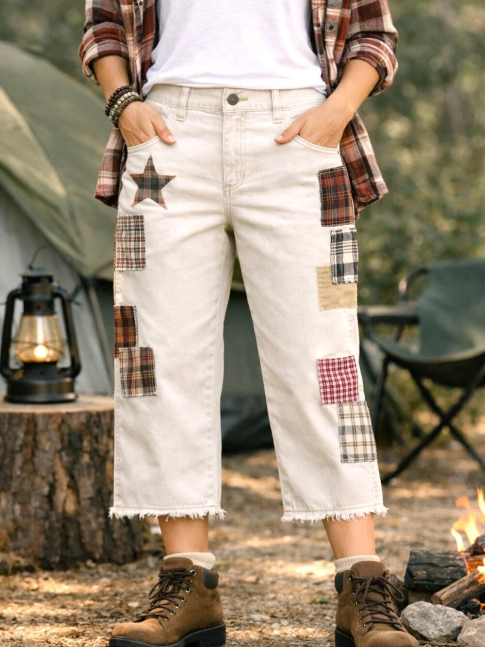 Upcycled Cropped Boho Patchwork Khaki Pants Travel Leisure Women's Size 10